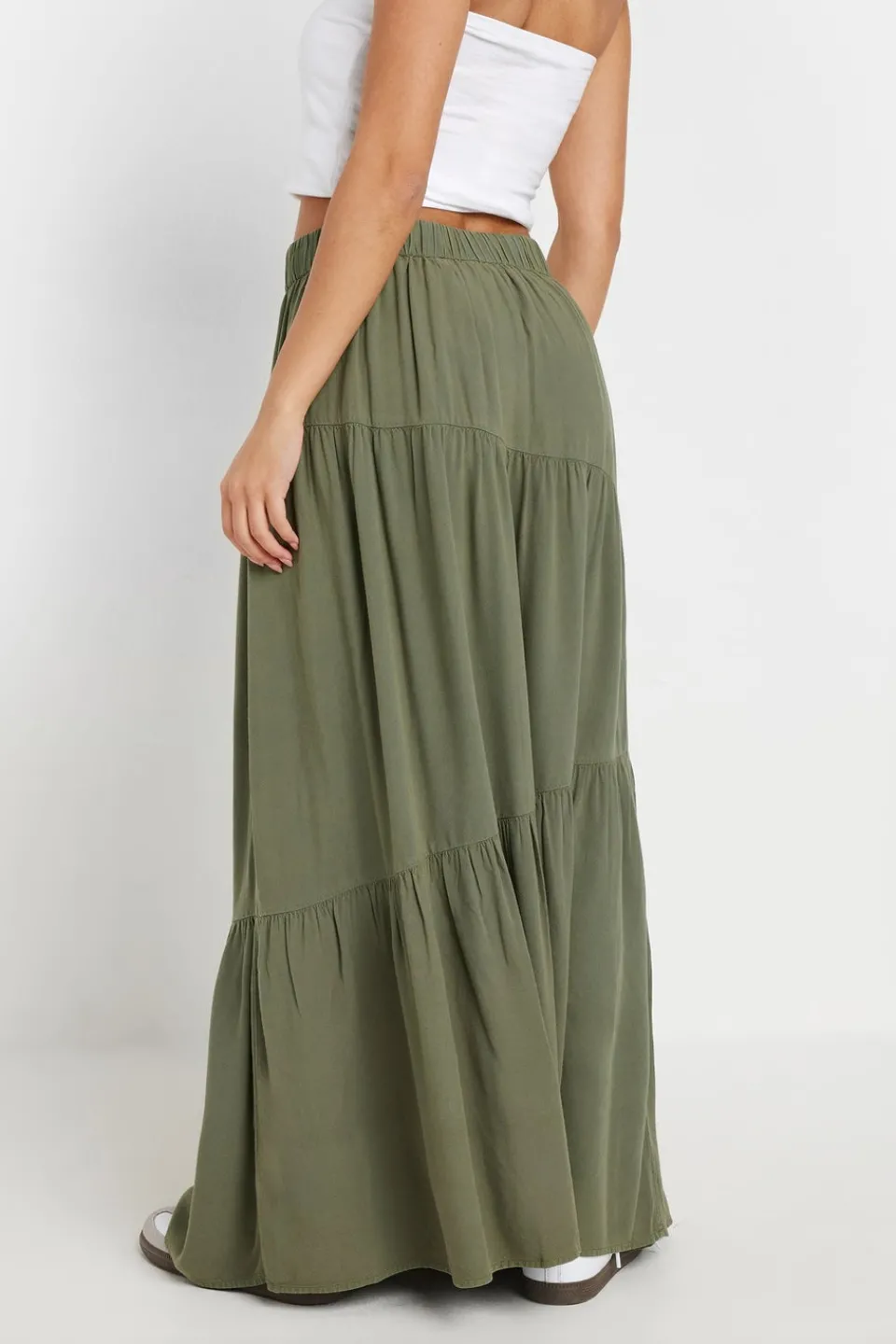 Skirts>PIXIEGIRL Petite Khaki Green Asymmetric Tiered Maxi Skirt