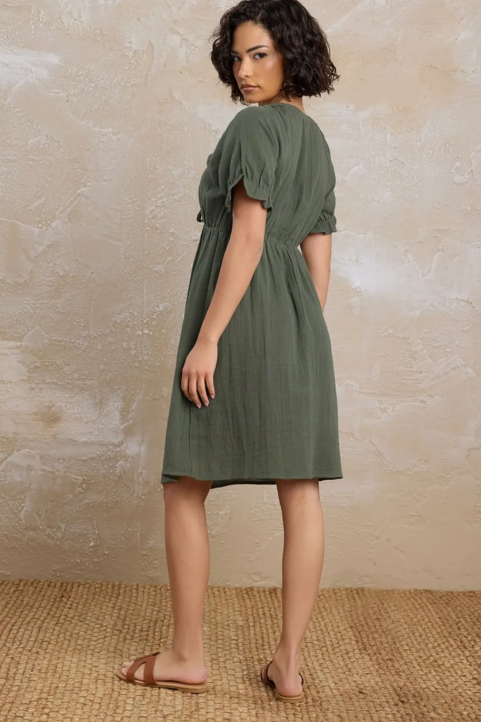 Dresses>PIXIEGIRL Petite Khaki Green Tie Front Mini Dress