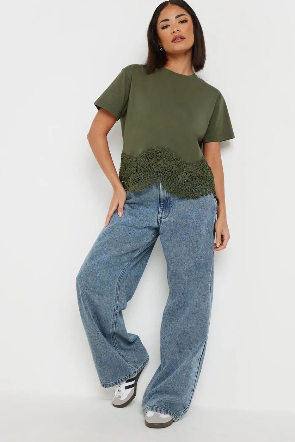 T-Shirts>PIXIEGIRL Petite Khaki Green Crochet Hemline T-Shirt