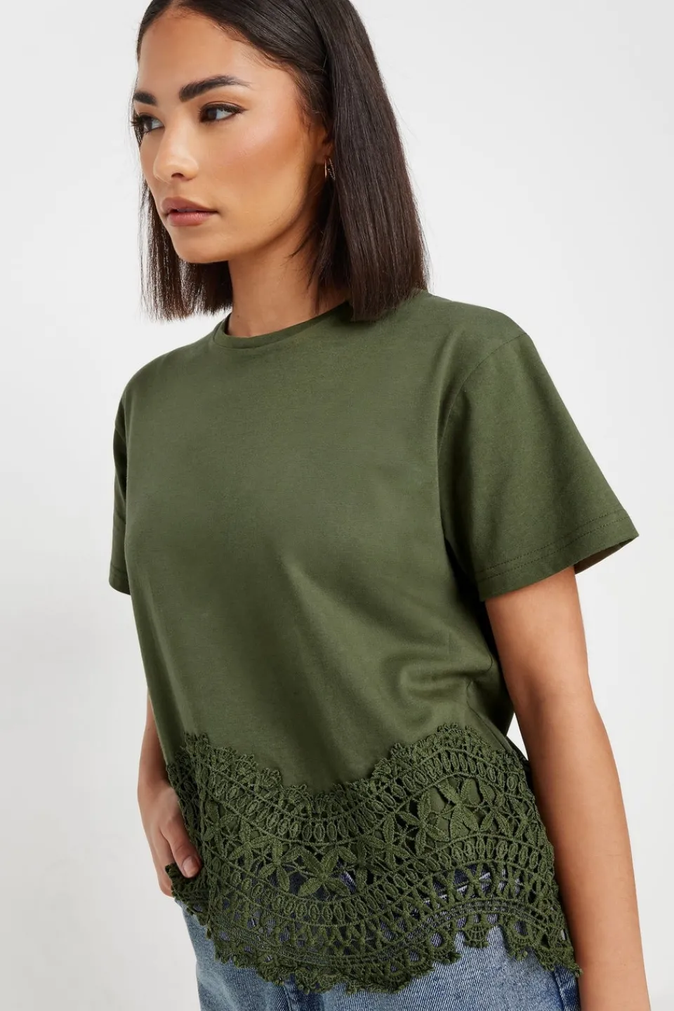 T-Shirts>PIXIEGIRL Petite Khaki Green Crochet Hemline T-Shirt
