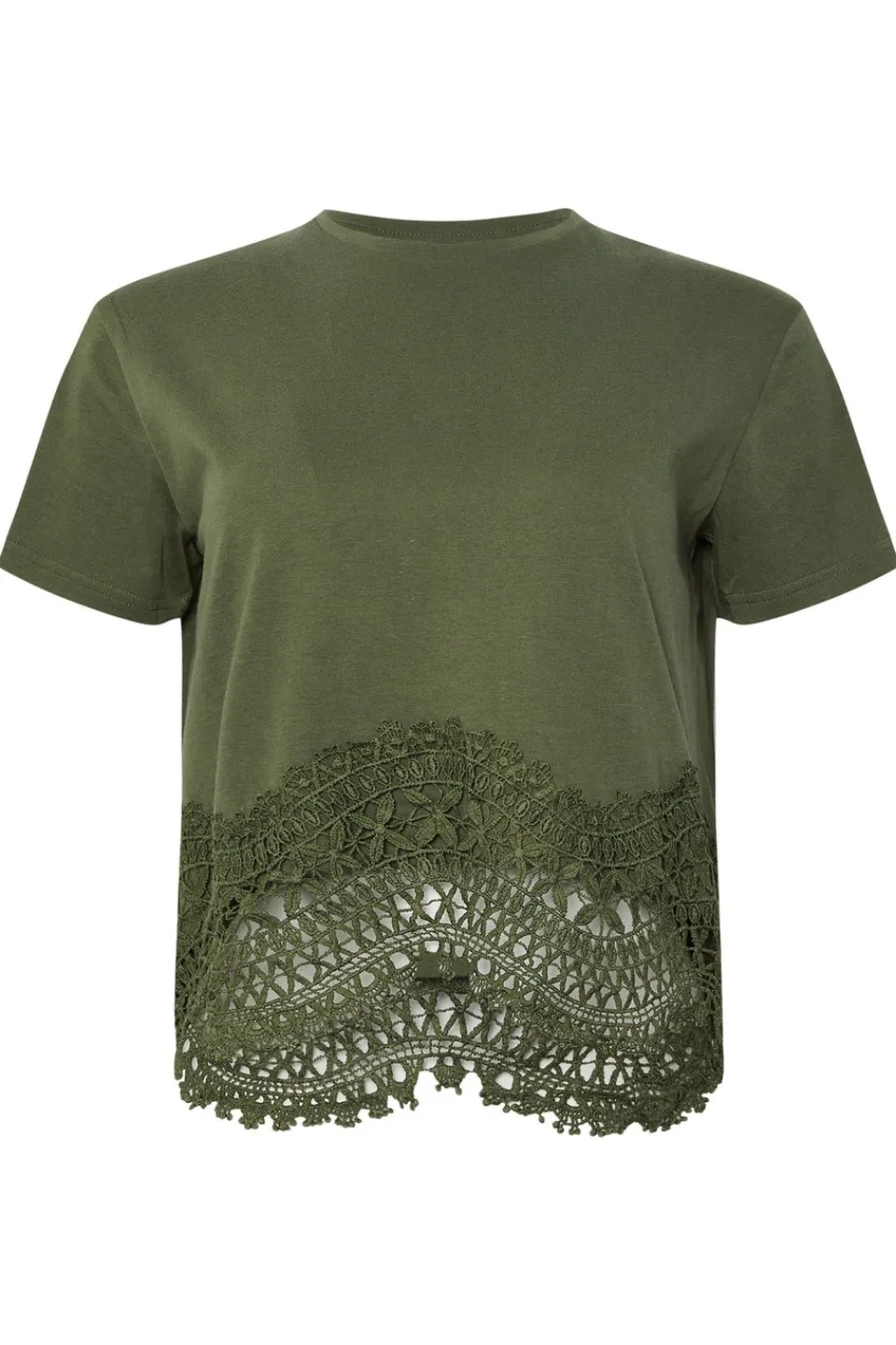 T-Shirts>PIXIEGIRL Petite Khaki Green Crochet Hemline T-Shirt