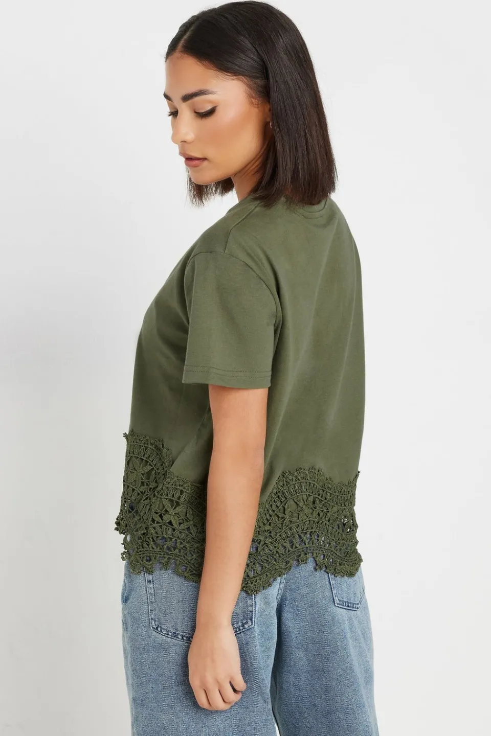 T-Shirts>PIXIEGIRL Petite Khaki Green Crochet Hemline T-Shirt