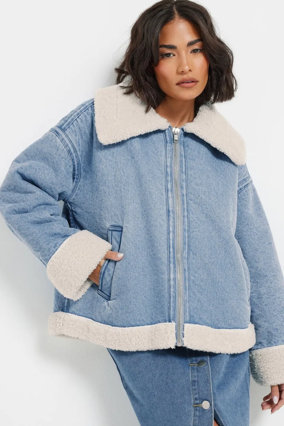 Coats & Jackets>PIXIEGIRL Petite Light Blue Denim Borg Zip Jacket