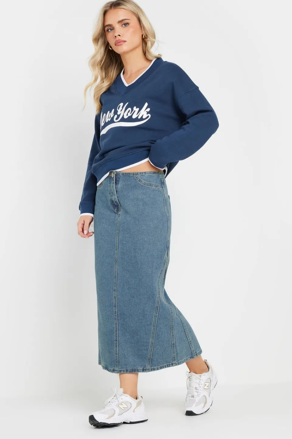 Skirts>PIXIEGIRL Petite Light Blue Denim Seam Midi Skirt