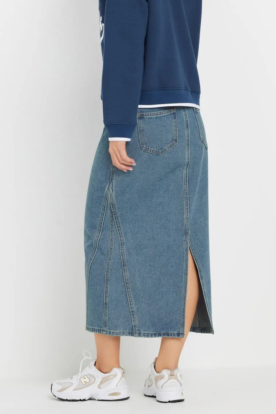 Skirts>PIXIEGIRL Petite Light Blue Denim Seam Midi Skirt