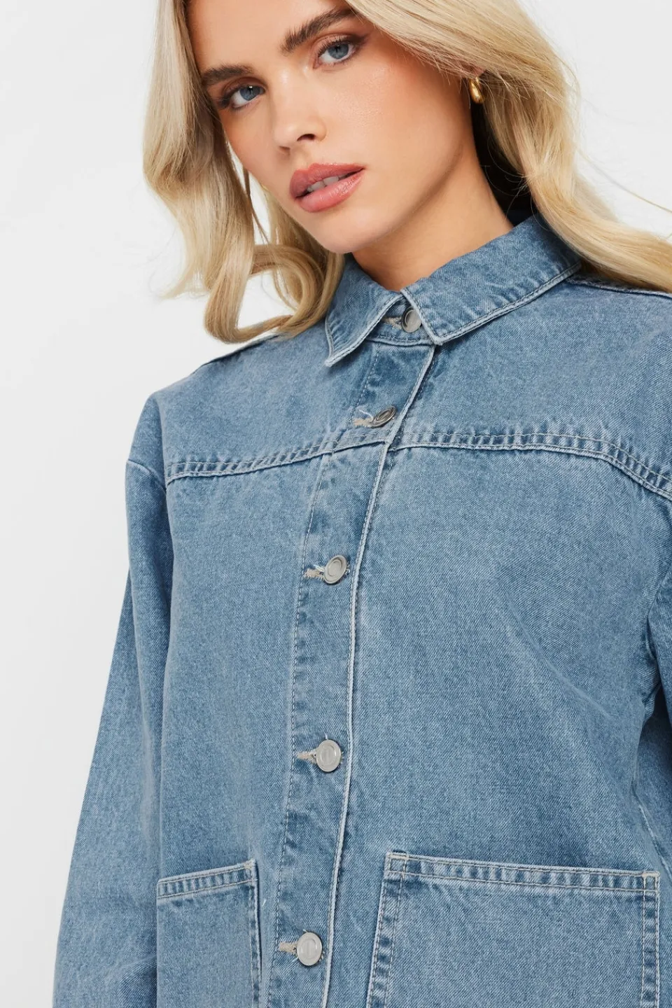 Coats & Jackets>PIXIEGIRL Petite Light Blue Denim Shacket