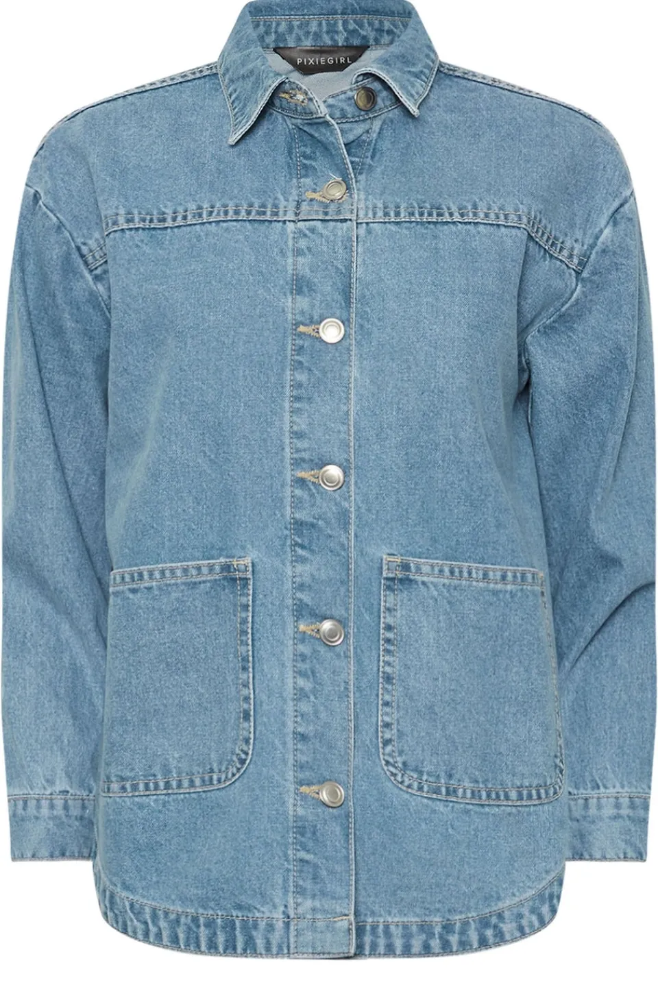 Coats & Jackets>PIXIEGIRL Petite Light Blue Denim Shacket