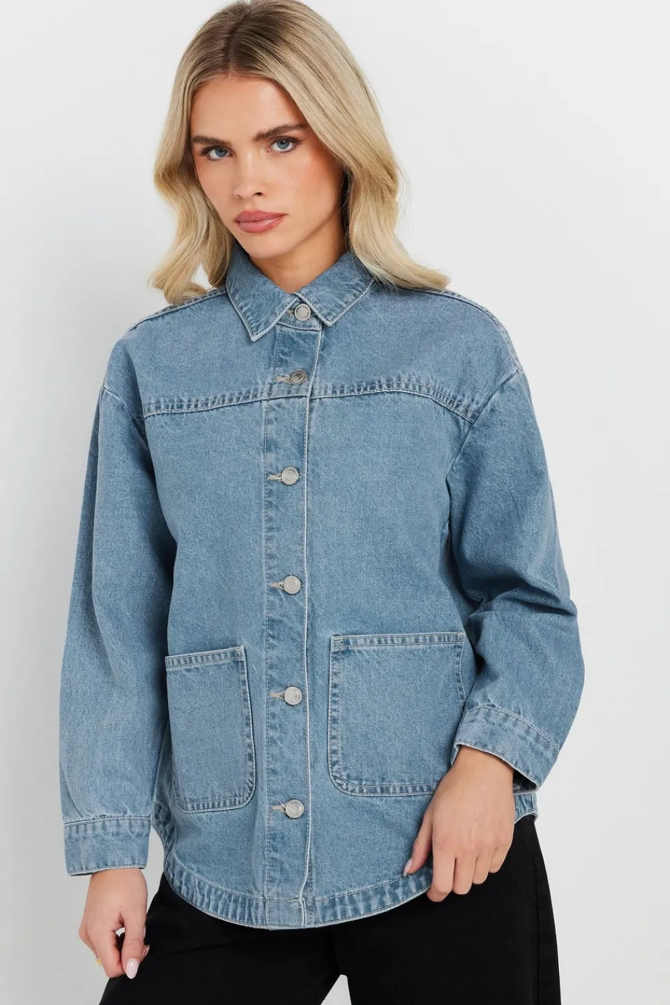 Coats & Jackets>PIXIEGIRL Petite Light Blue Denim Shacket