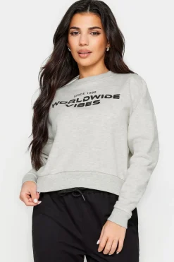 Tops>PIXIEGIRL Petite Light Grey 'Worldwide Vibes' Slogan Cropped Sweatshirt