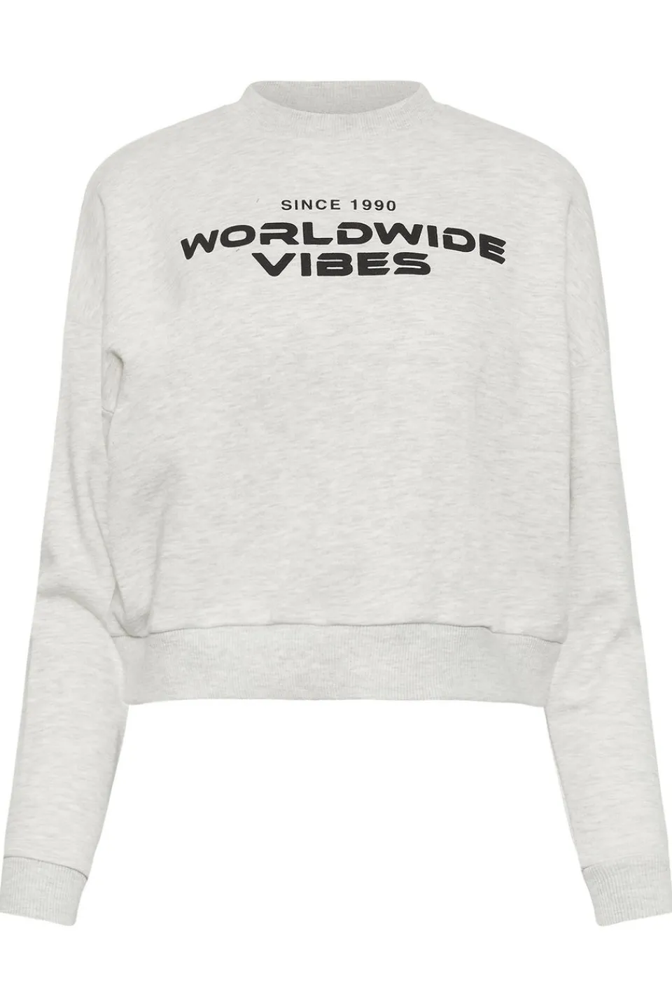 Tops>PIXIEGIRL Petite Light Grey 'Worldwide Vibes' Slogan Cropped Sweatshirt