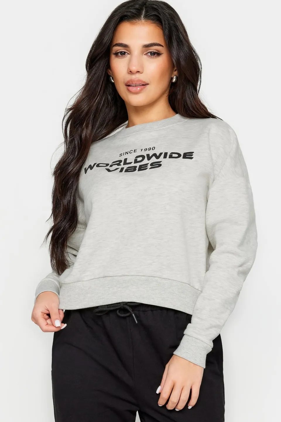 Tops>PIXIEGIRL Petite Light Grey 'Worldwide Vibes' Slogan Cropped Sweatshirt