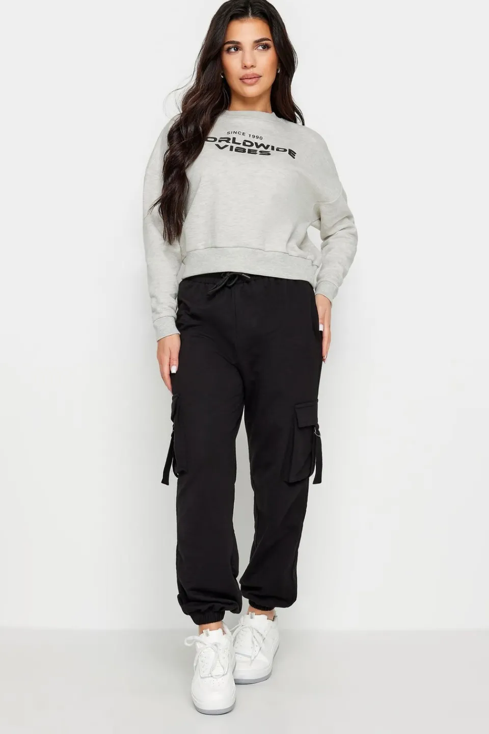 Tops>PIXIEGIRL Petite Light Grey 'Worldwide Vibes' Slogan Cropped Sweatshirt