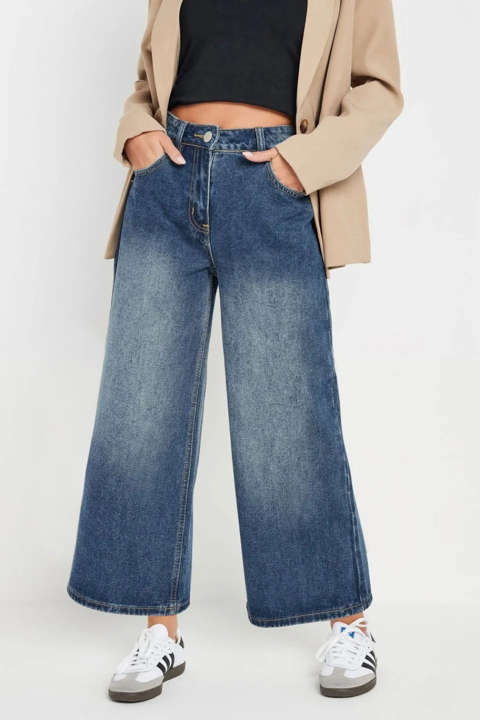 Jeans & Jeggings>PIXIEGIRL Petite Mid Blue Washed Cropped Wide Leg Jean