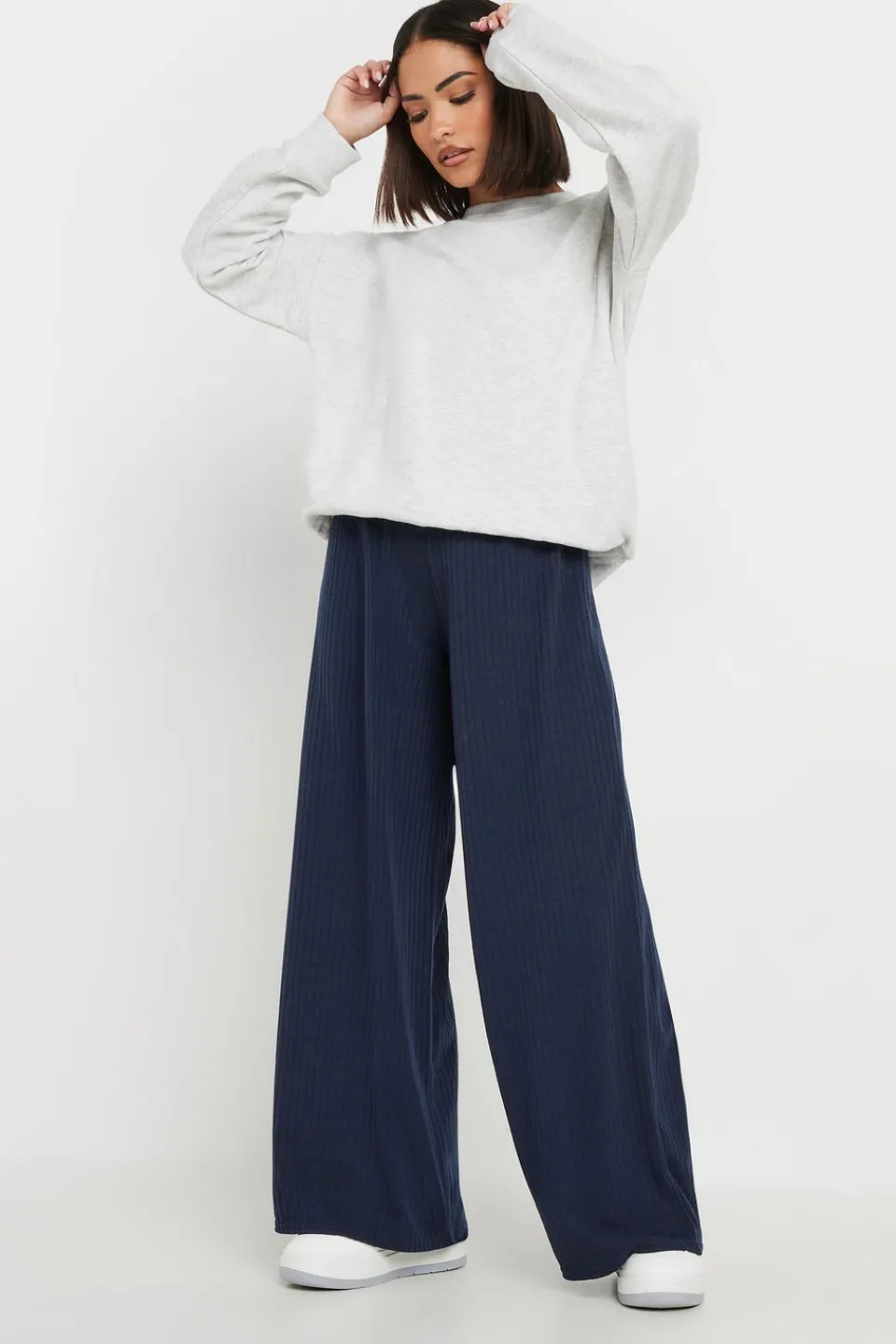 Trousers>PIXIEGIRL Petite Navy Blue Ribbed Wide Leg Trousers