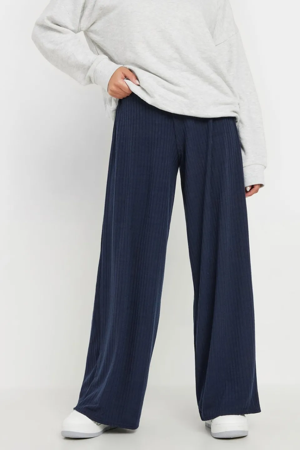 Trousers>PIXIEGIRL Petite Navy Blue Ribbed Wide Leg Trousers