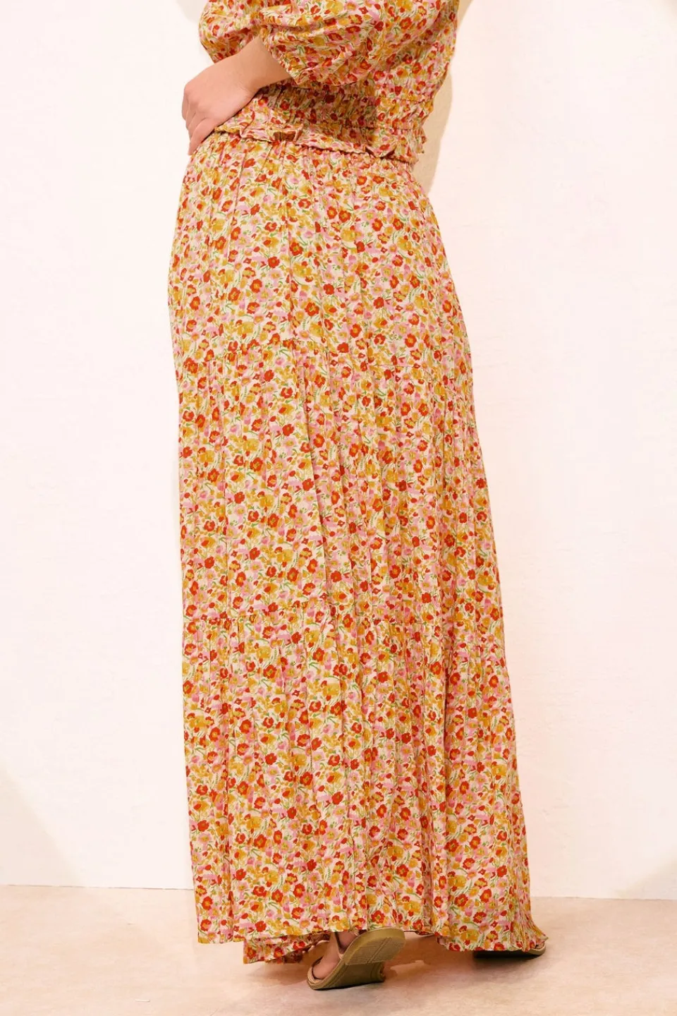 Skirts>PIXIEGIRL Petite Orange Ditsy Floral Tiered Maxi Skirt