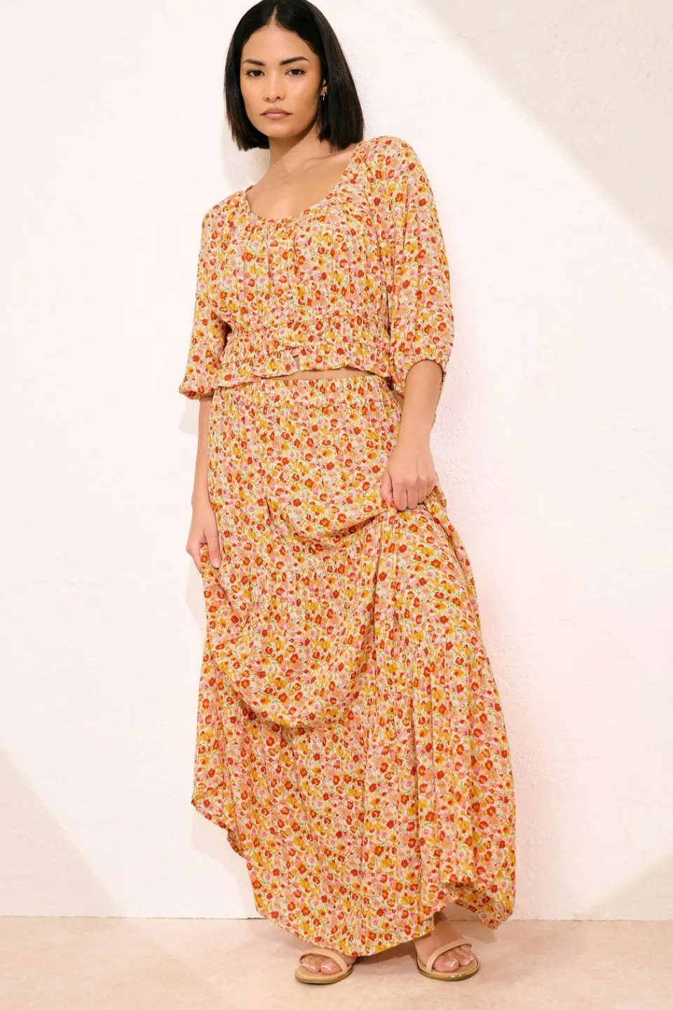 Skirts>PIXIEGIRL Petite Orange Ditsy Floral Tiered Maxi Skirt