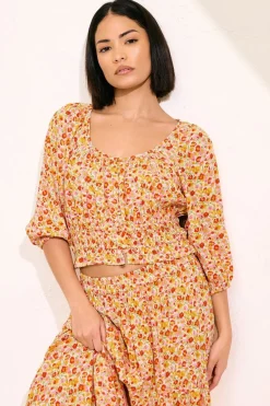 Tops>PIXIEGIRL Petite Orange Ditsy Floral Puff Sleeve Top