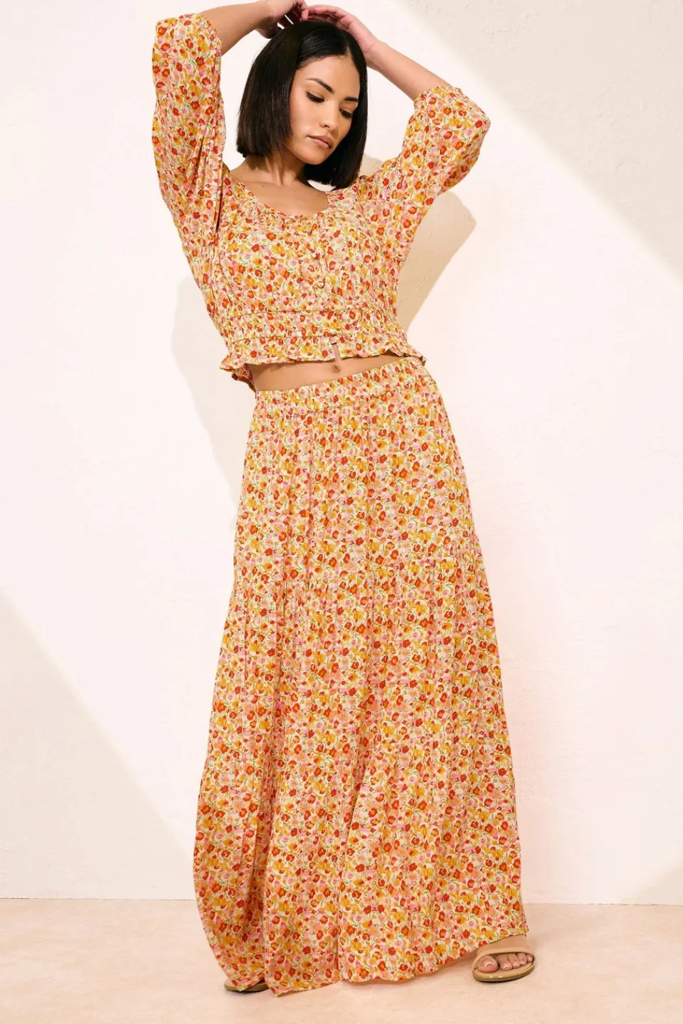 Tops>PIXIEGIRL Petite Orange Ditsy Floral Puff Sleeve Top