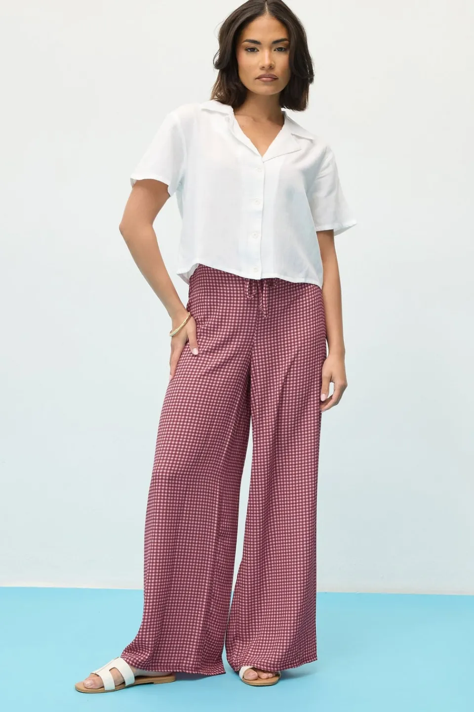 Trousers>PIXIEGIRL Petite Pink Gingham Wide Leg Trousers