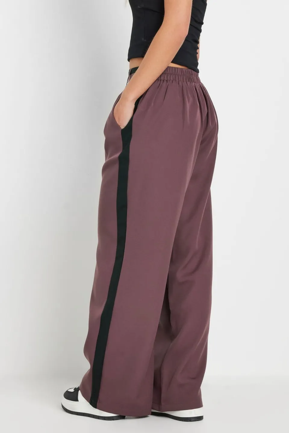 Trousers>PIXIEGIRL Petite Purple Side Stripe Contrast Waist Wide Leg Trousers