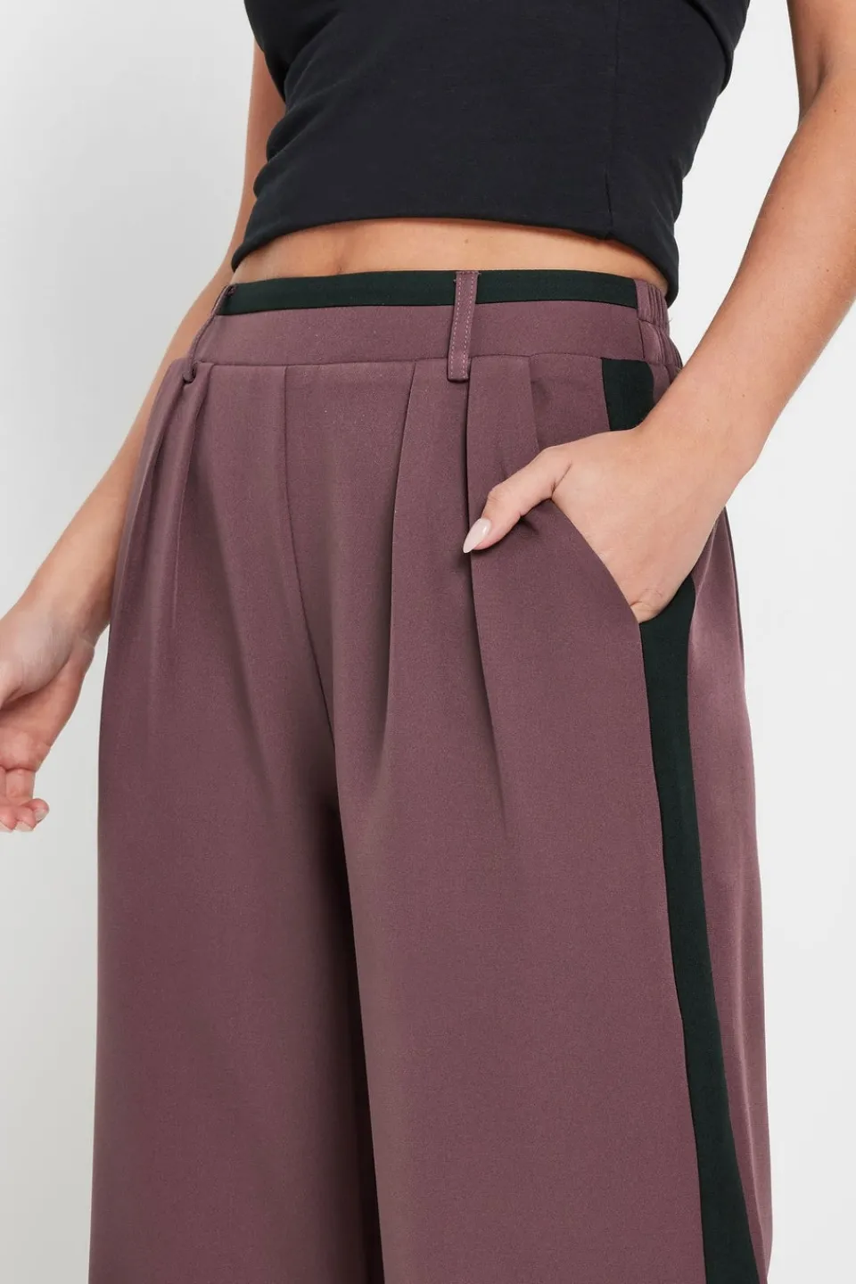 Trousers>PIXIEGIRL Petite Purple Side Stripe Contrast Waist Wide Leg Trousers