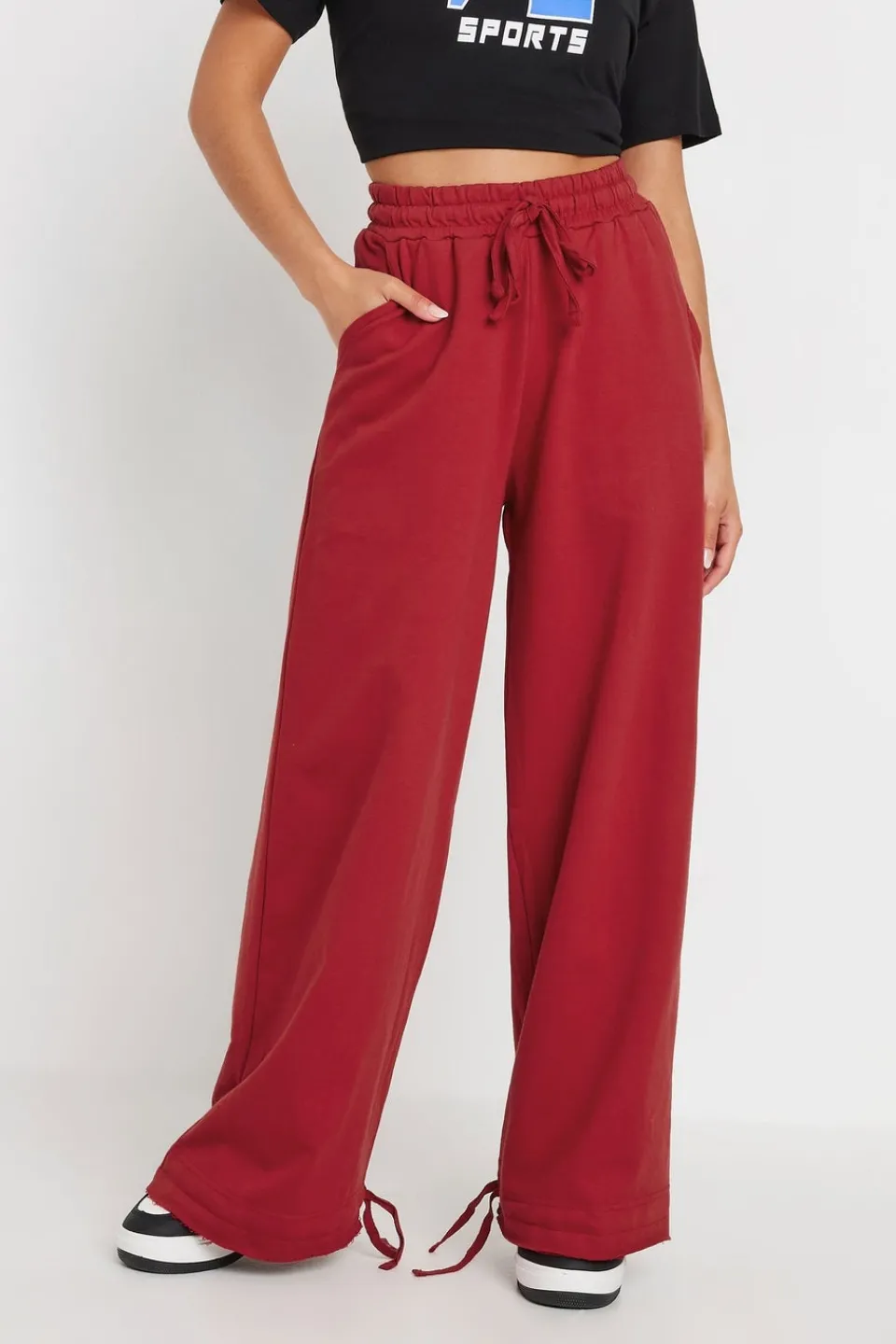 Loungewear>PIXIEGIRL Petite Red Wide Leg Hem Detail Jogger