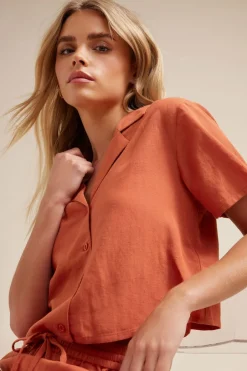 Tops>PIXIEGIRL Petite Rust Orange Linen Cropped Short Sleeve Shirt