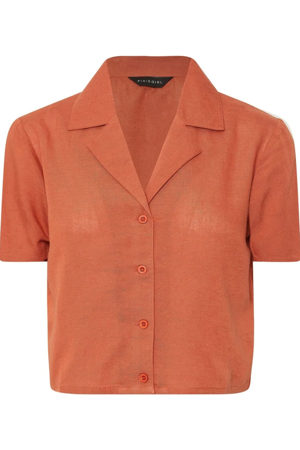 Tops>PIXIEGIRL Petite Rust Orange Linen Cropped Short Sleeve Shirt