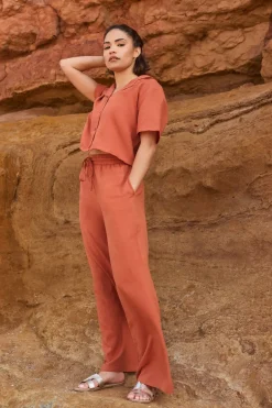 Trousers>PIXIEGIRL Petite Rust Orange Linen Drawstring Wide Leg Trousers