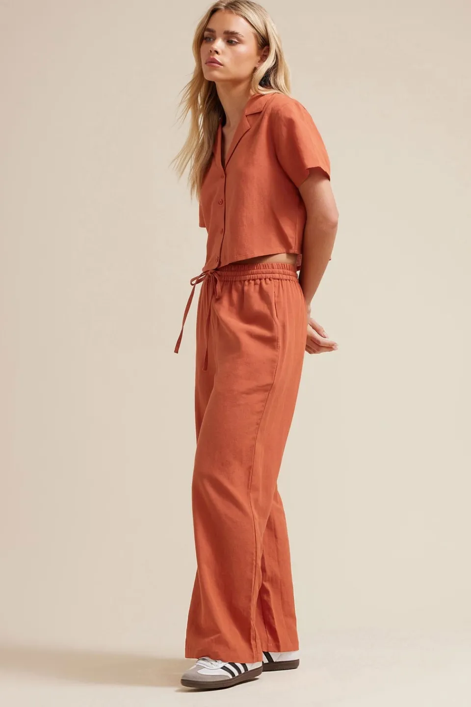 Trousers>PIXIEGIRL Petite Rust Orange Linen Drawstring Wide Leg Trousers