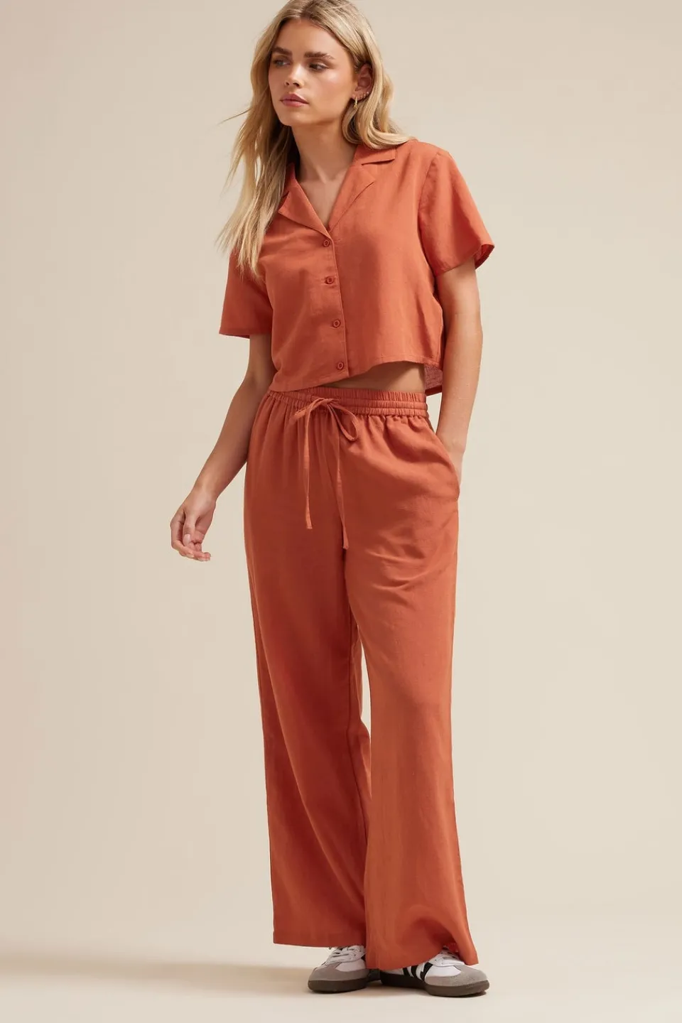 Trousers>PIXIEGIRL Petite Rust Orange Linen Drawstring Wide Leg Trousers