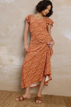 Dresses>PIXIEGIRL Petite Rust Orange Ditsy Floral Flutter Sleeve Dress