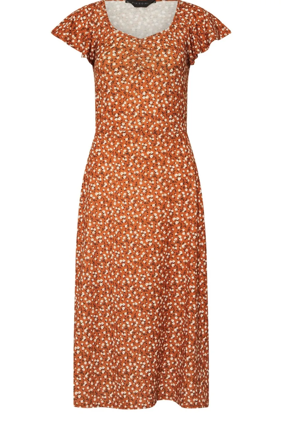 Dresses>PIXIEGIRL Petite Rust Orange Ditsy Floral Flutter Sleeve Dress