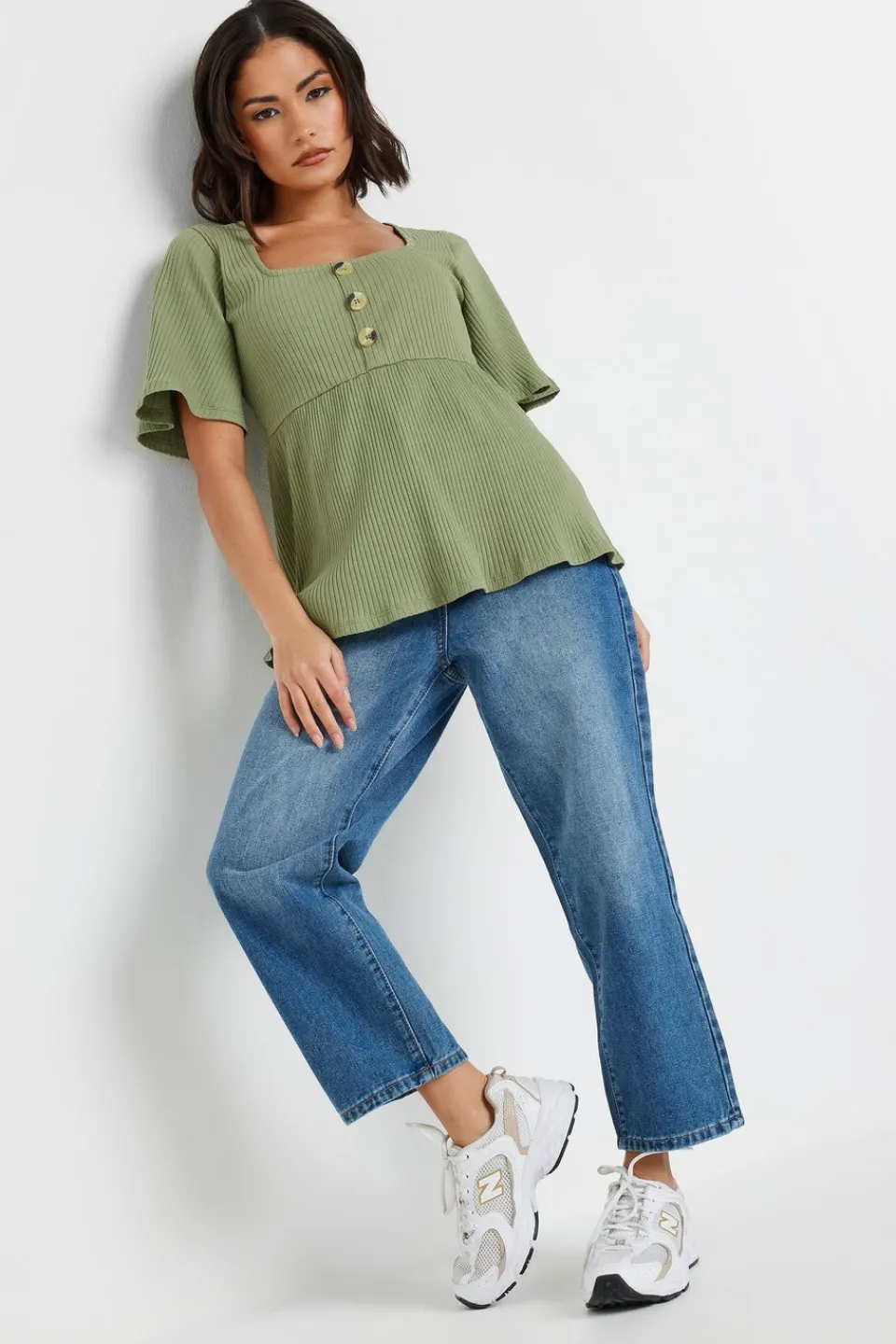 Tops>PIXIEGIRL Petite Sage Green Ribbed Smock Top