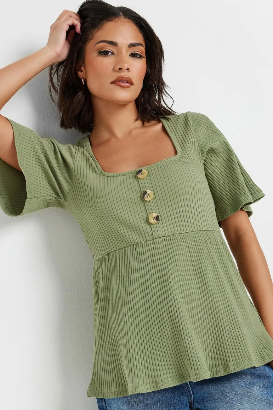 Tops>PIXIEGIRL Petite Sage Green Ribbed Smock Top