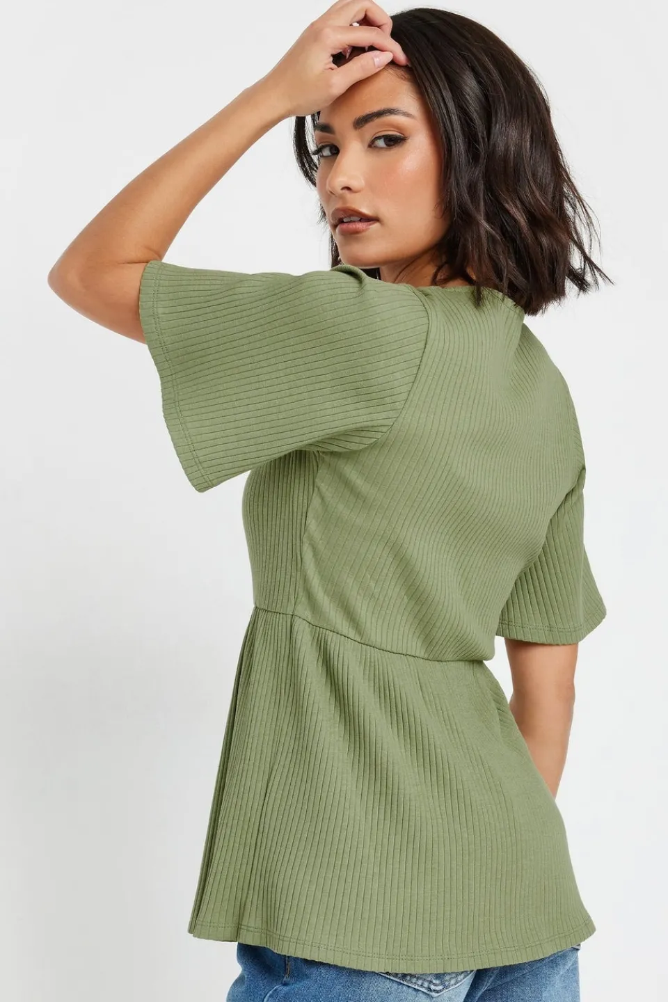 Tops>PIXIEGIRL Petite Sage Green Ribbed Smock Top