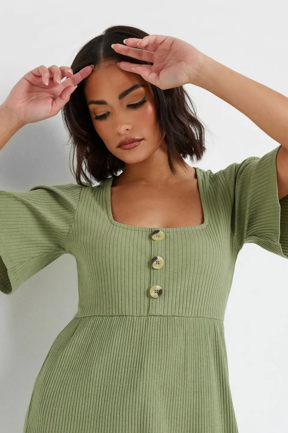 Tops>PIXIEGIRL Petite Sage Green Ribbed Smock Top