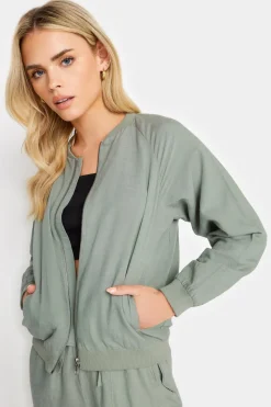 Coats & Jackets>PIXIEGIRL Petite Sage Green Linen Bomber Jacket