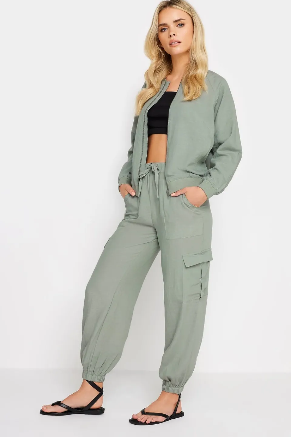 Coats & Jackets>PIXIEGIRL Petite Sage Green Linen Bomber Jacket