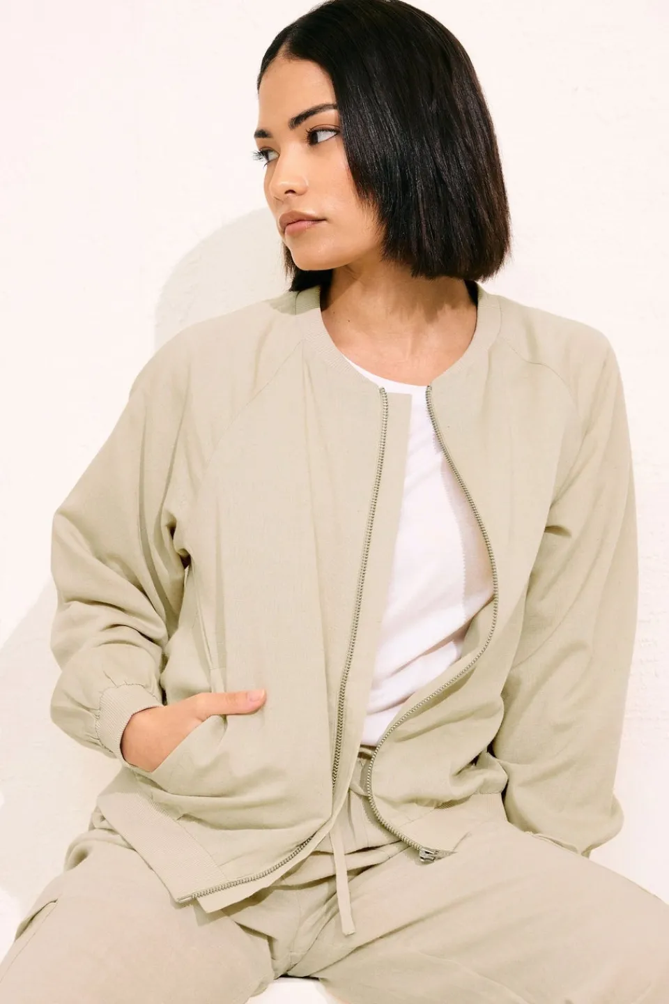 Coats & Jackets>PIXIEGIRL Petite Stone Brown Linen Bomber Jacket