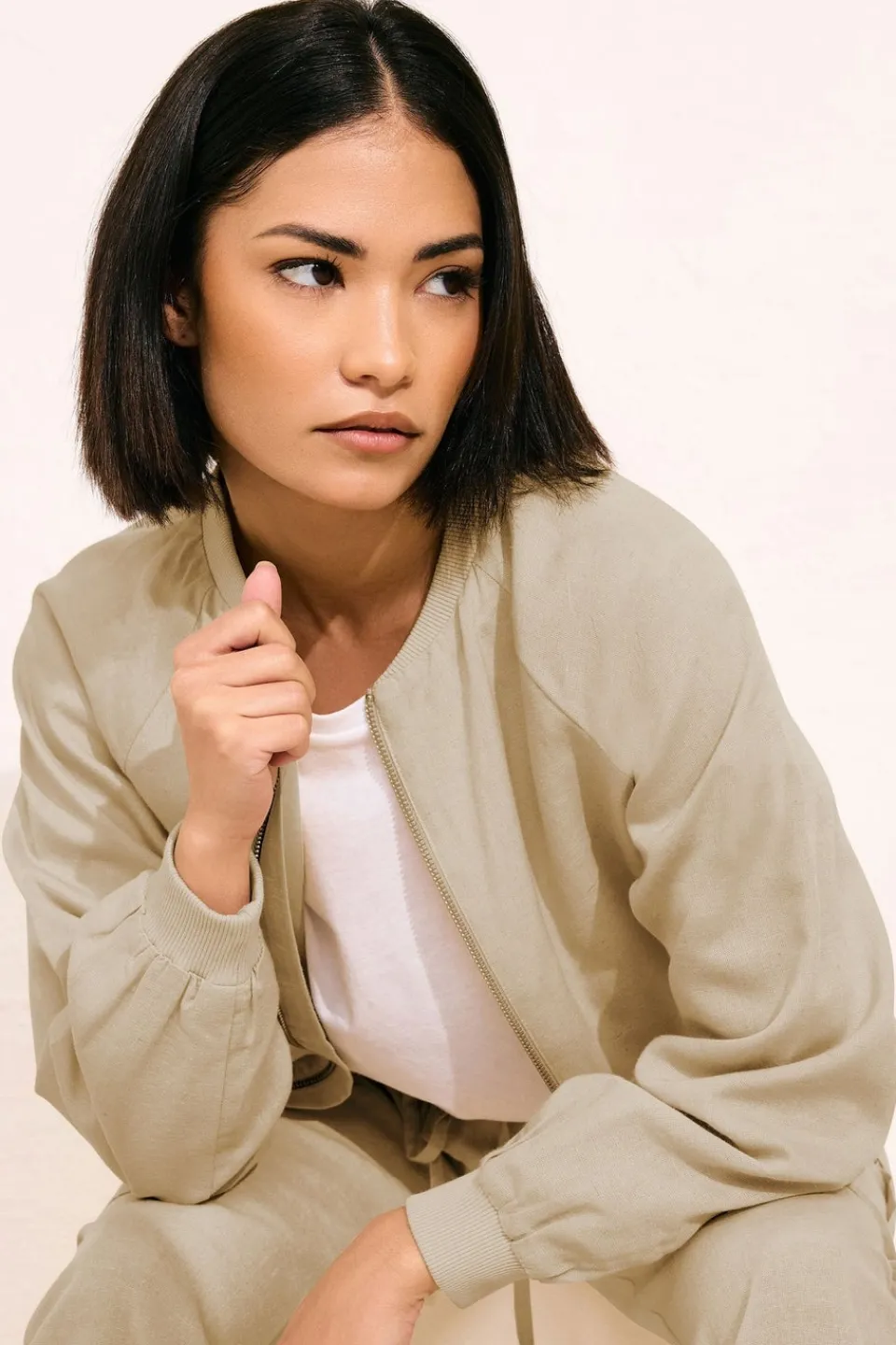 Coats & Jackets>PIXIEGIRL Petite Stone Brown Linen Bomber Jacket