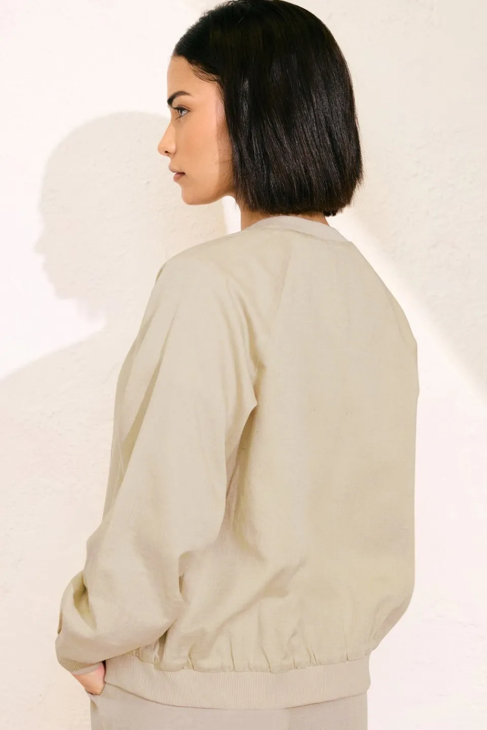 Coats & Jackets>PIXIEGIRL Petite Stone Brown Linen Bomber Jacket