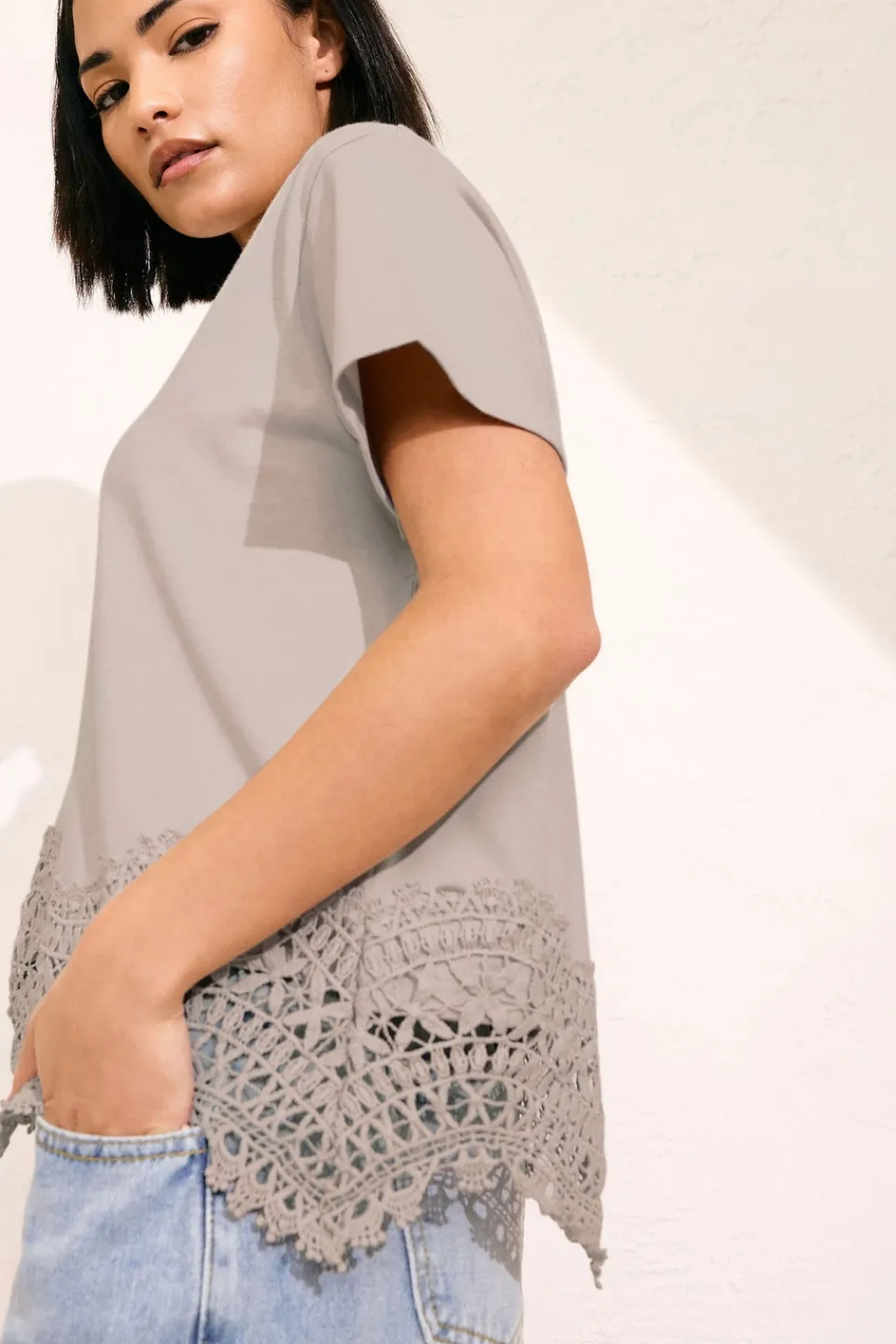 Tops>PIXIEGIRL Petite Stone Brown Crochet Hemline T-Shirt