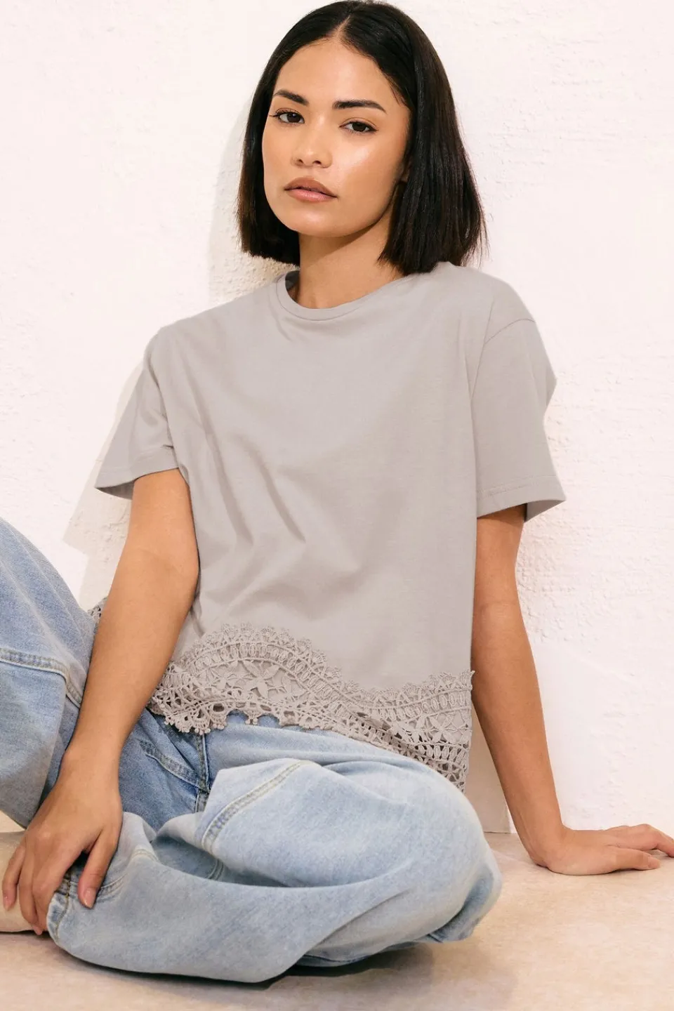 Tops>PIXIEGIRL Petite Stone Brown Crochet Hemline T-Shirt