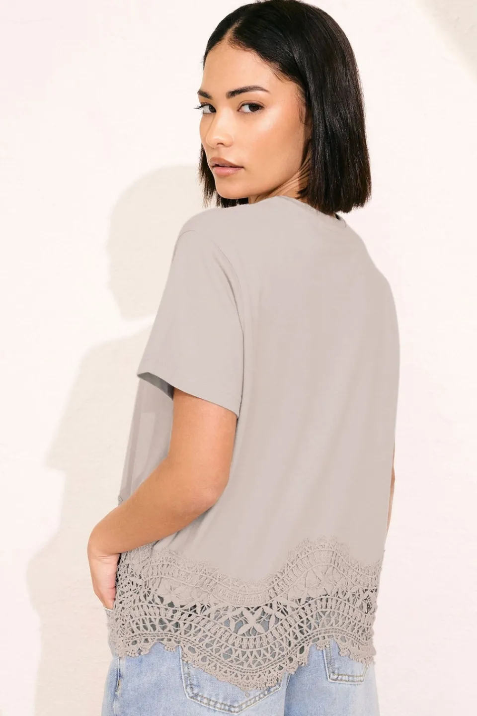 Tops>PIXIEGIRL Petite Stone Brown Crochet Hemline T-Shirt