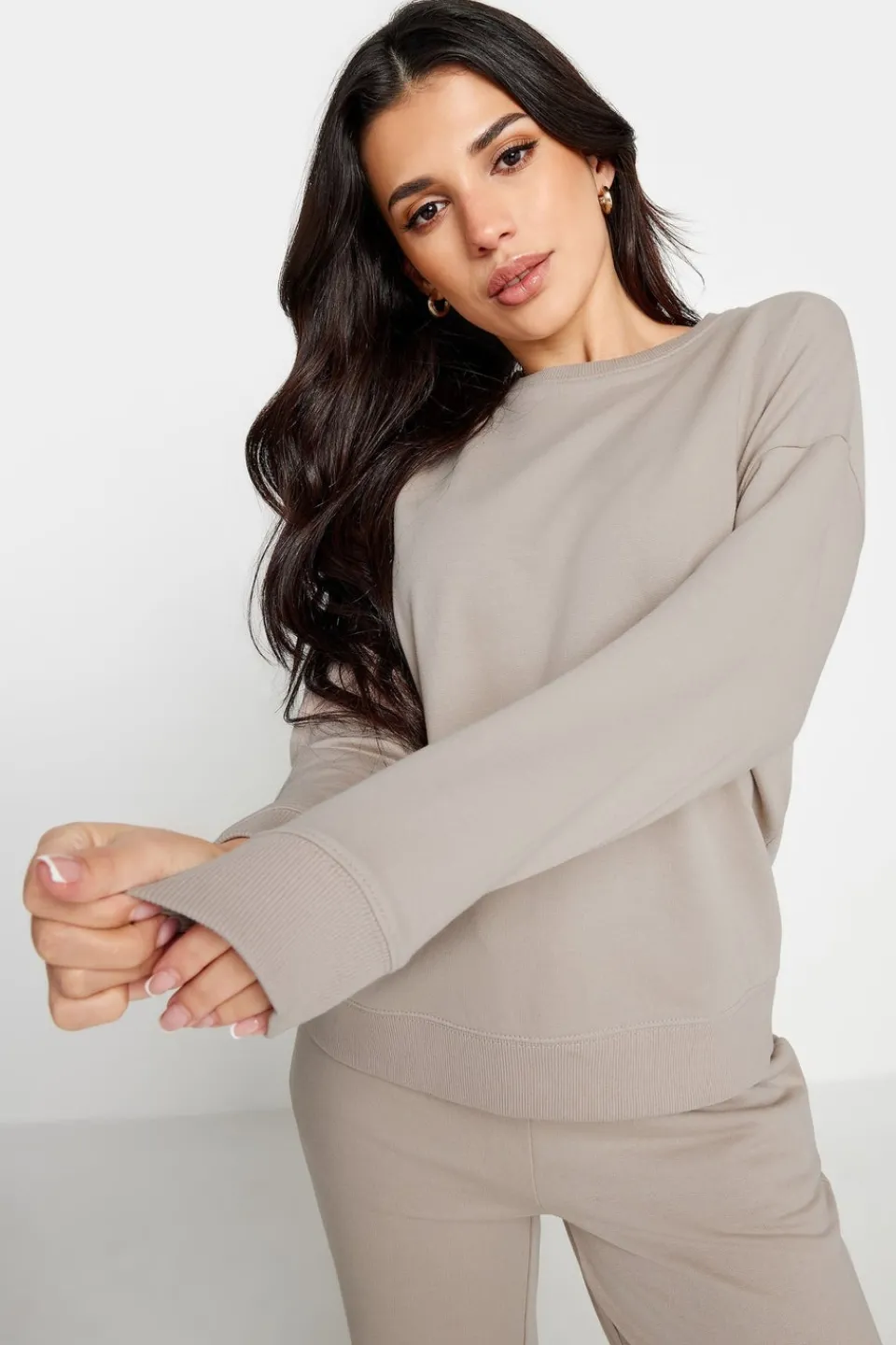 Tops>PIXIEGIRL Petite Stone Brown Crew Neck Sweatshirt