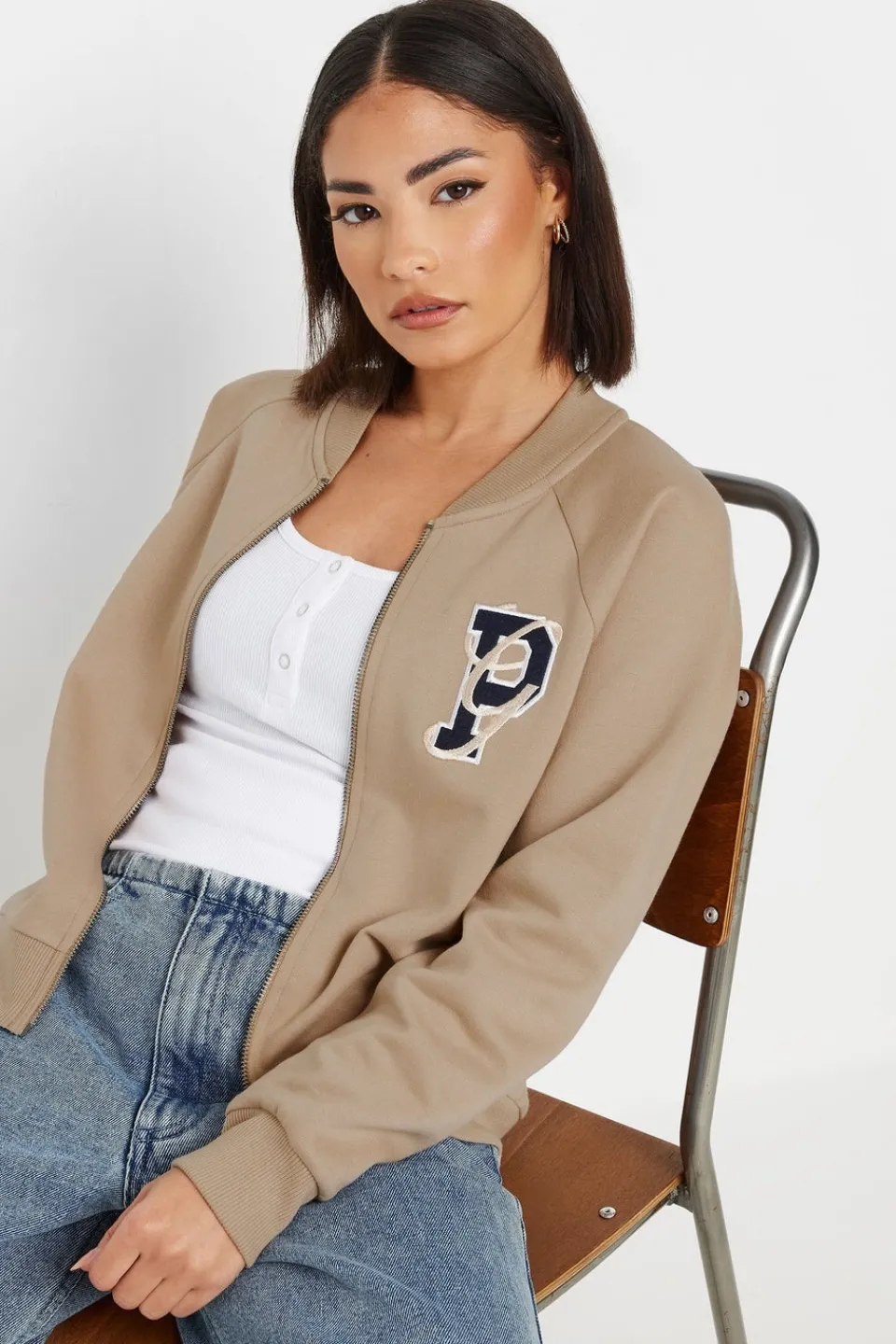 Coats & Jackets>PIXIEGIRL Petite Stone Brown Embroidered Initial Jersey Bomber Jacket