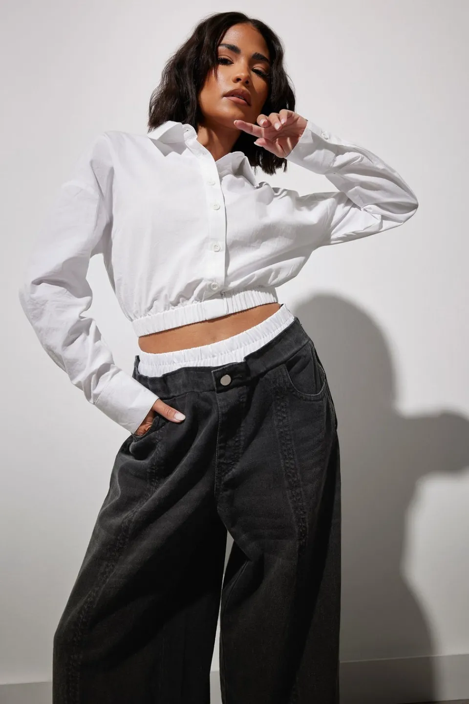 Tops>PIXIEGIRL Petite White Cotton Elasticated Hem Shirt