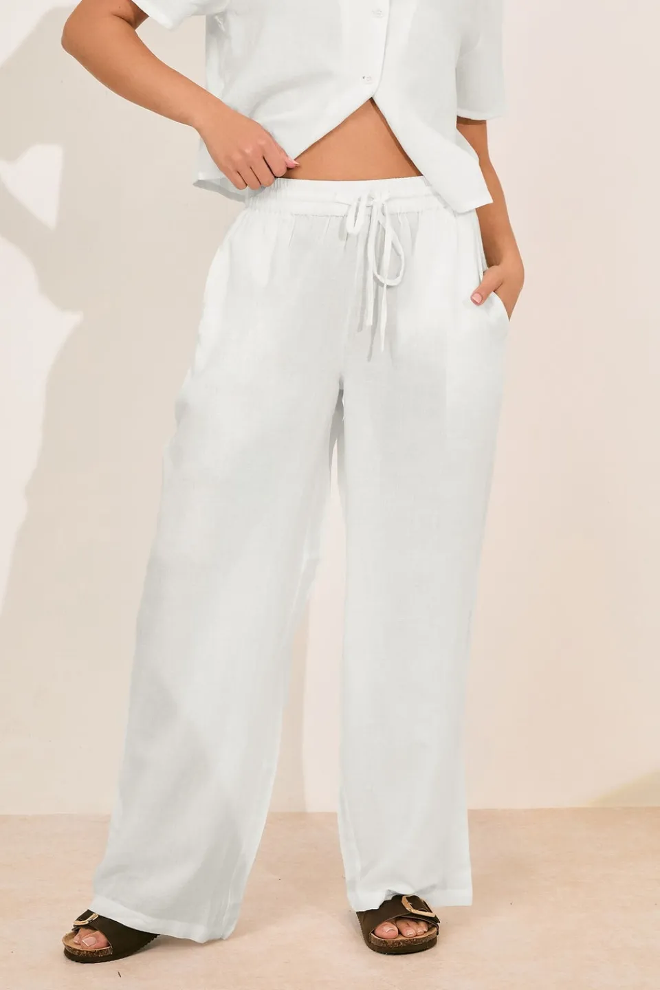 Trousers>PIXIEGIRL Petite White Linen Drawstring Wide Leg Trousers